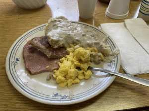 Breakfast Ham, Sausage, Eggs, Biscuits and Gravy